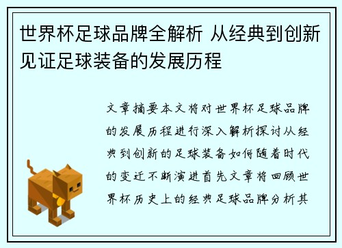 世界杯足球品牌全解析 从经典到创新见证足球装备的发展历程